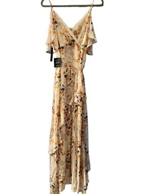 Lulus Cream Floral Chiffon Maxi Dress Wedding Guest Size L NWT